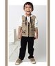 LITTLE COLLARS Woven Multi Utility Pockets Gilet Jacket Full Sleeves Teddy Printed Hooded Tee & Trousers Set - Khaki