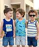 Babyoye Cotton Lycra Knit Sleeveless Striped Text & Skateboard Printed Vests Pack of 3 - Blue & White