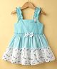 Dew Drops Cotton Woven Sleeveless Polka Dot Printed Frock with Bow Applique & Stripes - Aqua Blue