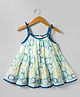 Dew Drops Cotton Woven Sleveless Tiered Frock with Floral Embroidery - Aqua Blue