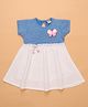 Dew Drops Cotton Woven Half Sleeves Floral Embroidered Frock with Bear Applique - Blue (Trim Color May Vary)