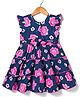 Dew Drops Cotton Woven Frill Sleeves Frock With Floral Print & Bow Applique - Navy Blue