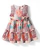 Dew Drops Cotton Woven Sleveless Floral Printed Layered Frock with Bow Applique - Orange