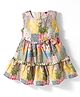 Dew Drops Cotton Woven Sleveless Floral Printed Layered Frock with Bow Applique - Pink