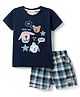 Ollypop Interlock Knit Half Sleeves T-Shirt & Shorts Set with Animal Print & Checks - Navy Blue