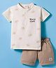 Ollypop Interlock Knit Half Sleeves T-Shirt & Shorts Set with Tropical Theme Print - Cream & Khaki