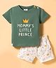 First Smile Sinker Knit Half Sleeves T-Shirt with Side Button & Shorts Set with Text Print - Olive Green & White