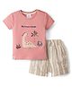 First Smile Interlock Knit Half Sleeves T-Shirt & Striped Shorts Set With Animal Embroidery - Pink