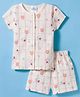 First Smile Interlock Knit Half Sleeves Shorts Co-ord Night Suit With Teddy Bear & Floral Print - Cream & Green