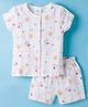 First Smile Interlock Knit Half Sleeves Shorts Co-ord Night Suit With Teddy Bear & Floral Print - White & Blue