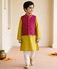 EARTHY TOUCH Cotton Woven Full Sleeves Kurta Pyjama Set With Floral Printed Nehru Jacket - Burgandy & Yellow