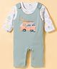 ToffyHouse Interlock Knit Dungaree with Full Sleeves Inner Tee Animal Print & Embroidery - Mint & White