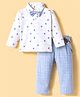 ToffyHouse Interlock Knit Full Sleeves Shirt & Pant Set With Bow & Suspender- White & Blue