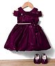 Blabber Cold Shoulder Stone Embellished Bow Applique Detailed Knee Length Dress With Booties - Wine