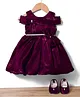 Blabber Cold Shoulder Stone Embellished Bow Applique Detailed Knee Length Dress With Booties - Wine