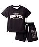 Smarty Boys Sinker Knit Half Sleeves Boston Text Printed T-Shirt & Short Set - Black