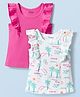 Honeyhap Premium 100%  Cotton Knit Frill Sleeves Sleeveless Tops With Bio Finish & Tropical Theme Pack of 2 - Bright White & Azalea Pink