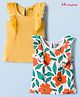 Honeyhap Premium 100%  Cotton Knit Frill Sleeves Tops  With Bio Finish & Floral Print Pack of 2 - Bright White & Snapdragon