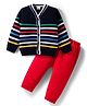 Babyhug Knit Full Sleeves Front Open Striped Sweater Set - Multicolor