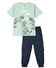 Funkrafts Knitted Knit Play Time Text Dinosaur Printed Tee & Joggers Set - Green & Navy Blue