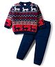Babyhug Knit Full Sleeves Sweat Set With Animal Design - Navy Blue