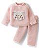 Babyhug Knit Full Sleeves Winter Wear Night Suit With Teddy Bear Patch - Peach