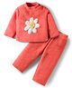 Babyhug Velour Knit Full Sleeves Winter Wear Night Suit With Floral Embroidery - Coral
