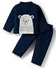 Babyhug Knit Full Sleeves Winter Wear Night Suit With Animal Patch - Navy Blue
