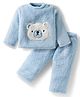 Babyhug Knit Full Sleeves Winter Wear Night Suit With Teddy Bear Patch - Light Blue