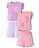 Bonfino 100% Cotton Knit Flutter Sleeves T-Shirts with 3D Applique & Shorts Pack of 2 - Pink & Purple