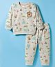ToffyHouse Knitted Full Sleeves Co-ords T-Shirt & Lounge Pant Night Suit With Jungle Theme Print - Cream