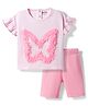 Bonfino 100% Cotton Knit Half Flutter Sleeves T-Shirt & Shorts Set with 3D Floral Applique - Pink
