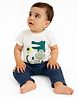 Nauti Nati Cotton Knit Half Sleeves Crocodile Patch Detailed Tee & Pants Set - White & Blue