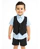 Nauti Nati Cotton Knit Half Sleeves Solid Shirt & Shorts Set With Pinstriped Waistcoat - Blue & Black
