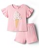 Bonfino 100% Cotton Half Flutter Sleeves T-Shirt & Shorts Set With Floral 3D Applique - Pink