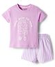 Bonfino 100% Cotton Knit Half Sleeves T-Shirt & Shorts Set with Floral Print & Stripes - Purple