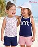 Honeyhap Premium Cotton 2x1 Rib Elastane Knit Sleeveless Floral & NYC Printed Tank Tops Pack Of 2 - Bright White & Ocean Cavern
