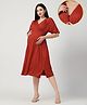Zelena 95% Viscose 5% Lycra Woven Half Sleeves Solid Maternity Dress With Center Nursing Access - Rust