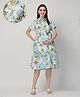 Zelena 100% Cotton Woven Half Sleeves Floral Printed Maternity Shirt Dress With Front Open Nursing Access - White & Sky Blue