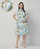 Zelena 100% Cotton Woven Half Sleeves Floral Printed Maternity Shirt Dress With Front Open Nursing Access - White & Sky Blue