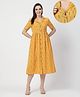 Zelena 100% Cotton Woven Half Sleeves Abstract Printed Maternity Shirt Dress With Front Open Nursing Access - Mustard Yellow