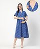 Zelena 100% Cotton Woven Half Sleeves Ikat Printed Maternity Shirt Dress With Front Open Nursing Access - Royal Blue