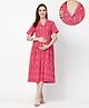 Zelena 100% Cotton Woven Half Sleeves Ikat Printed Shirt Style Maternity Dress With Front Open Nursing Access - Rani Pink