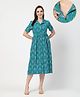 Zelena 100% Cotton Woven Half Sleeves Ikat Printed Shirt Style Maternity Dress With Front Open Nursing Access - Teal Blue