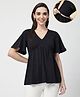 Zelena 95% Cotton 5% Elastane Woven Half Sleeves Solid Maternity Top With Side Nursing Access - Black