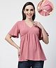 Zelena 95% Cotton 5% Elastane Woven Half Sleeves Solid Maternity Top With Side Nursing Access - Deep Salmon