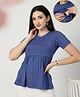 Zelena 95% Viscose 5% Elastane Woven Half Sleeves Solid Maternity Top With Side Nursing Access - Denim Blue