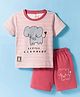 Mini Donuts Sinker Knit Half Sleeves Striped T-Shirt & Shorts Set with Elephant Print - Red