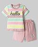 Mini Donuts Sinker Knit Half Sleeves Striped T-Shirt & Shorts Set With Text Print - Peach