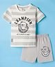 Mini Donuts Sinker Knit Half Sleeves T-Shirt & Shorts Set with Teddy & Text Print - Grey